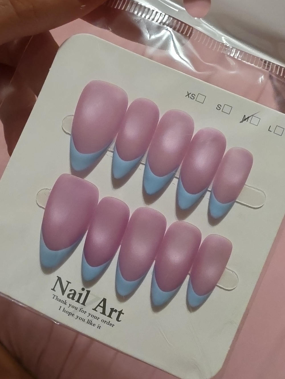 Matte Pink Stiletto Press-On Nails with Light Blue Tips